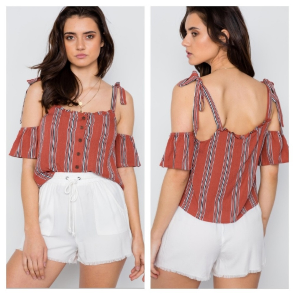 ⬇️ Mauve Striped Cold Shoulder Short Sleeve Top - Picture 3 of 5